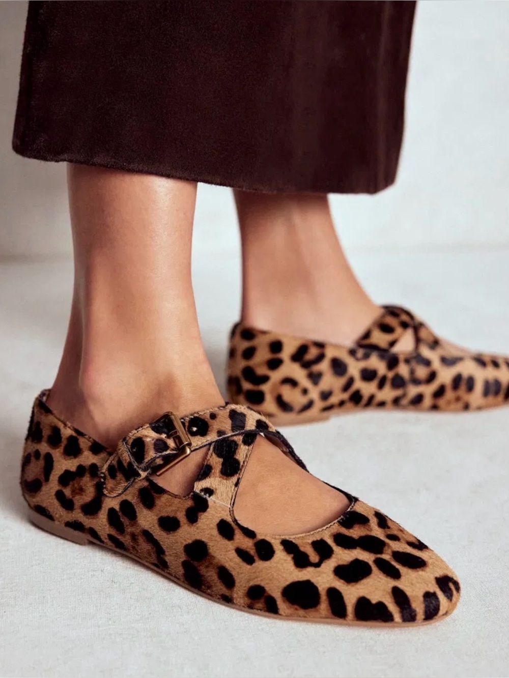 BODEN Kylie Leopard-Print Mary Jane Flats in Brown and Black